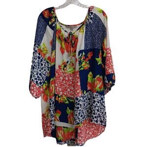 EUC Valerie Stevens Colorful Flowing Hi/Lo Top with Lace Size 2X